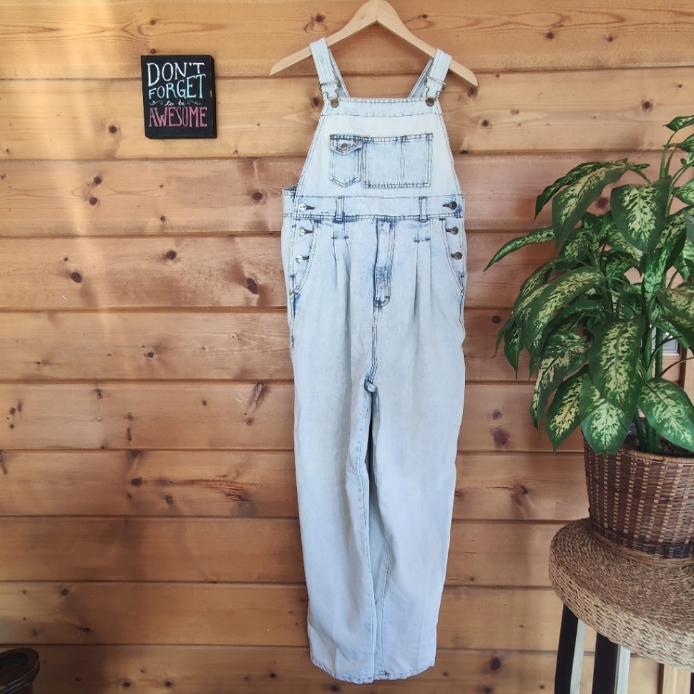 Cotler‎ 💜 Vintage Overalls Denim Jean Bibs Acid Wash Pleated HTF SzMedium X 32"